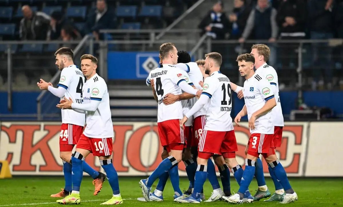 包含汉堡SV球员庆祝进球，赢得临时领先的词条